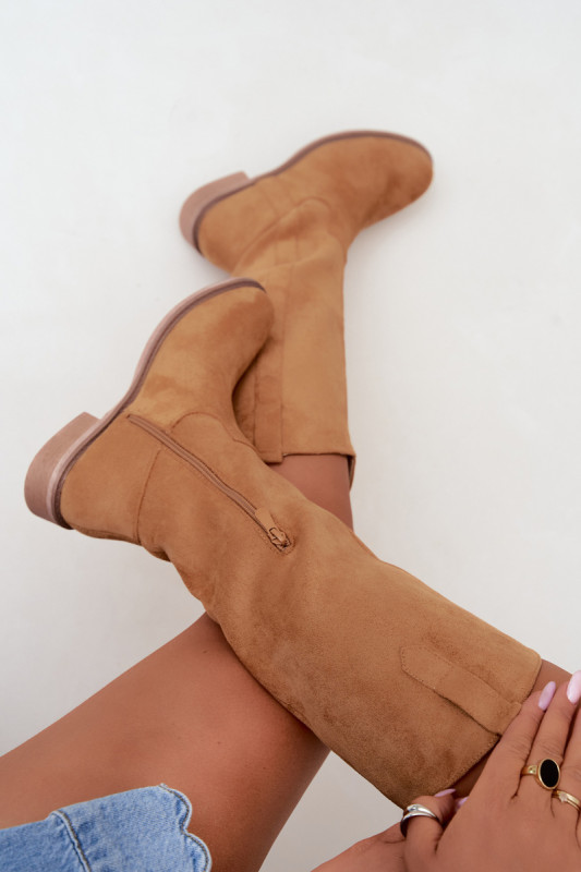 Overknee-Stiefel aus braunem Velourslederimitat mit flachem Absatz