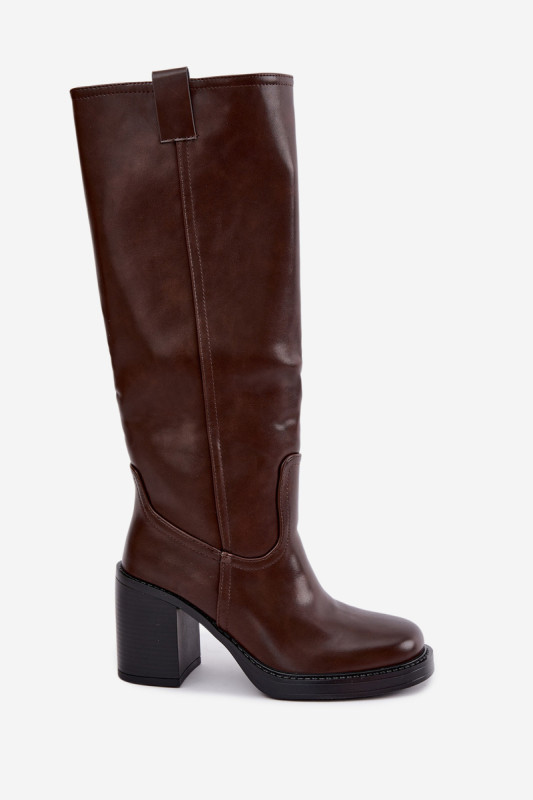 Gefütterte braune Stiefel mit Blockabsatz aus Kunstleder