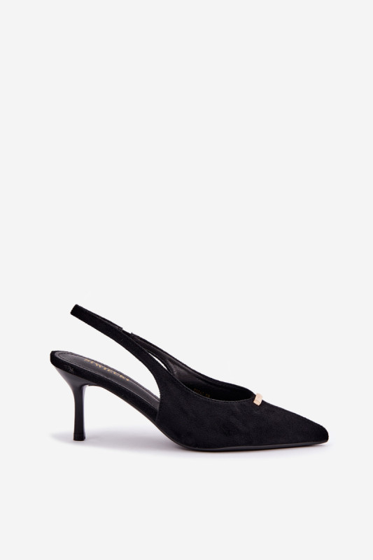Schwarze Pumps mit offener Ferse und goldenem Detail am Stilettoabsatz