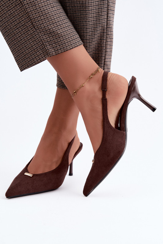 Pumps mit offener Ferse und goldenem Detail am Stilettoabsatz, braun
