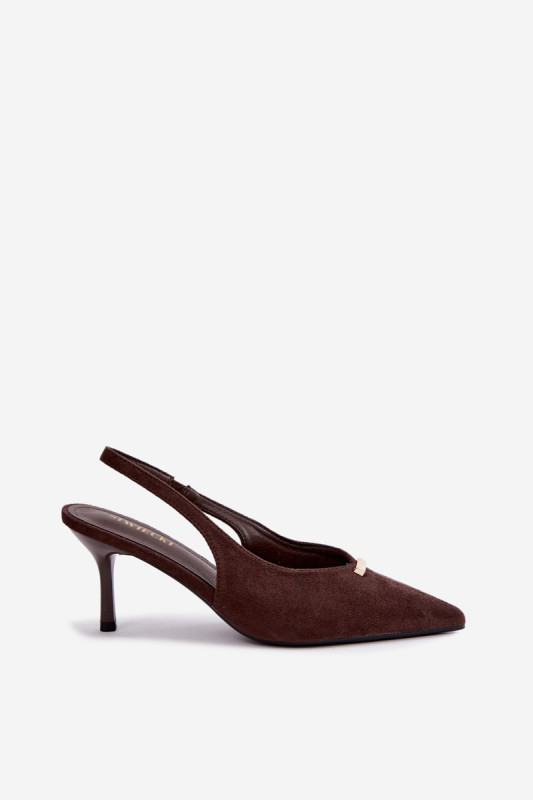 Pumps mit offener Ferse und goldenem Detail am Stilettoabsatz, braun