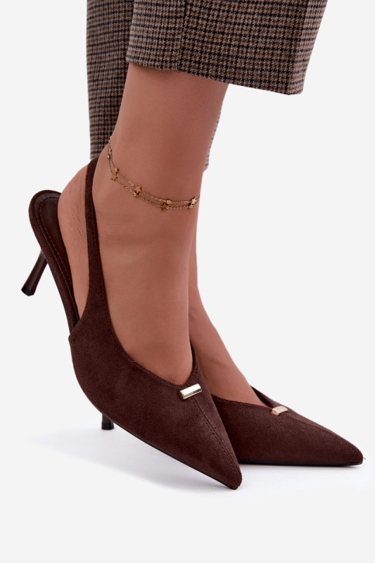 Pumps mit offener Ferse und goldenem Detail am Stilettoabsatz, braun