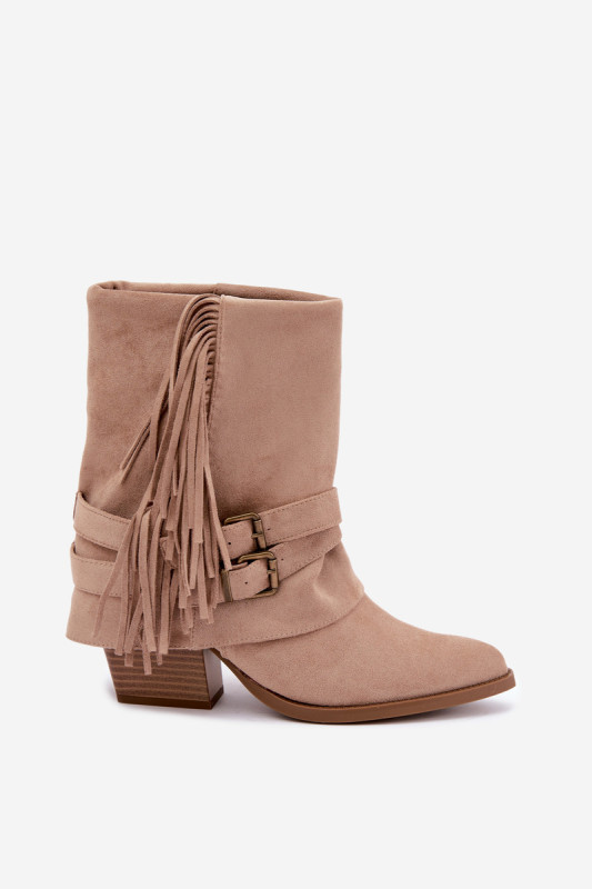 Beige Stiefelette mit umgeschlagenem Schaft und Fransen