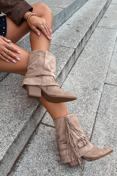 Beige Stiefelette mit umgeschlagenem Schaft und Fransen