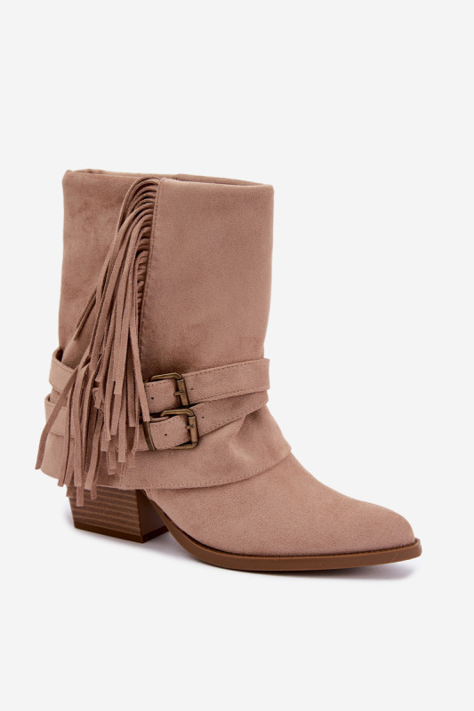 Beige Stiefelette mit umgeschlagenem Schaft und Fransen