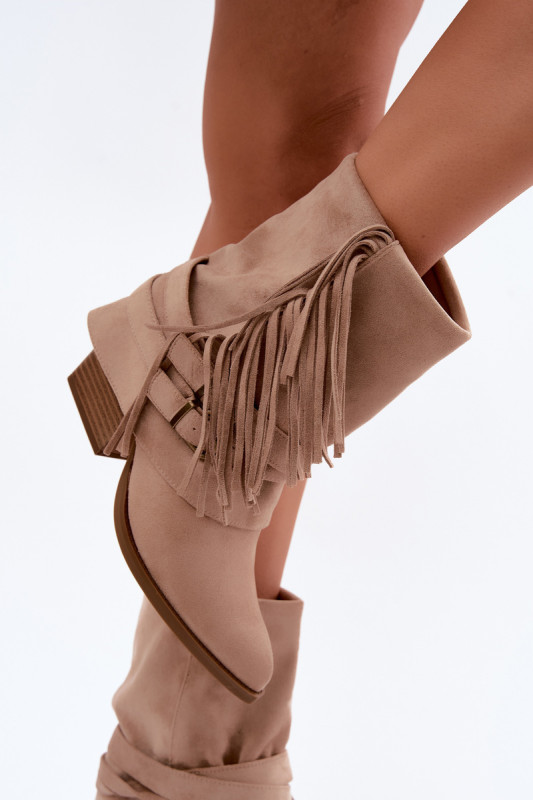 Beige Stiefelette mit umgeschlagenem Schaft und Fransen