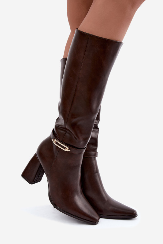 Gefütterte Overknee-Stiefel mit dekorativem Riemen und Blockabsatz, braun
