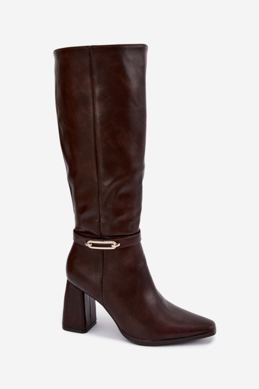 Gefütterte Overknee-Stiefel mit dekorativem Riemen und Blockabsatz, braun