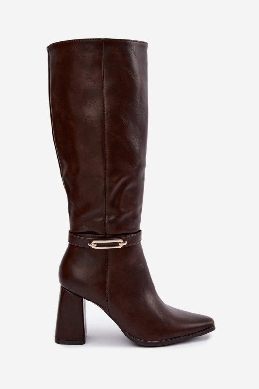 Gefütterte Overknee-Stiefel mit dekorativem Riemen und Blockabsatz, braun