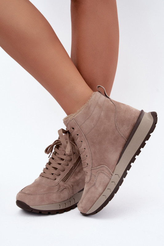 Beige gefütterte Ankle Boots aus echtem Veloursleder mit Plateau