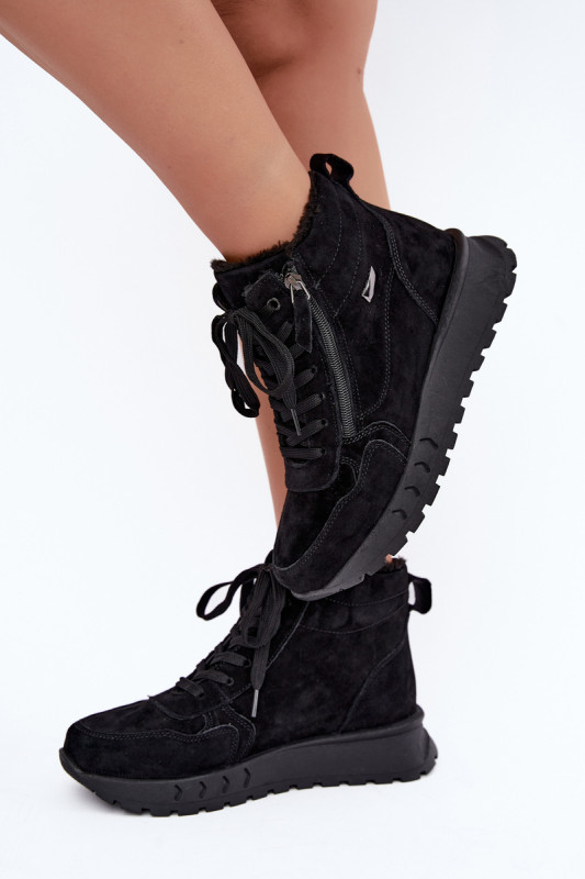 Schwarze gefütterte Ankle Boots aus echtem Veloursleder mit Plateau