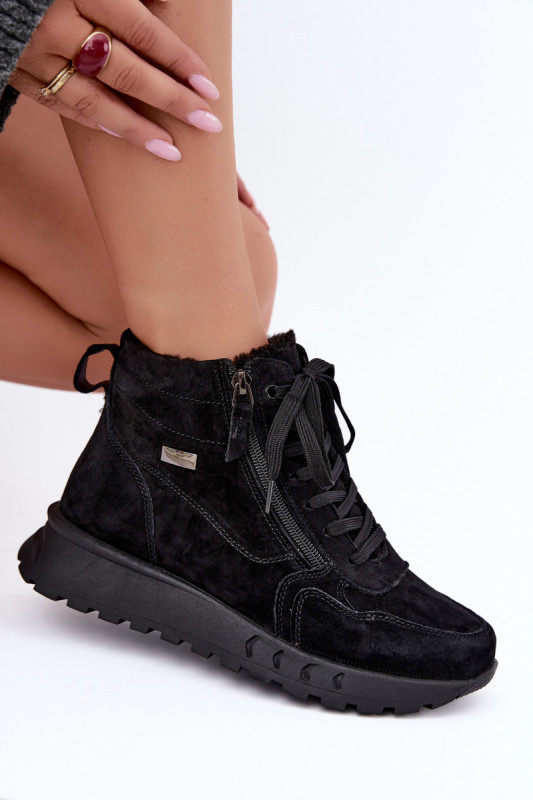 Schwarze gefütterte Ankle Boots aus echtem Veloursleder mit Plateau