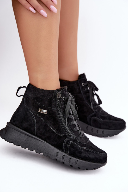 Schwarze gefütterte Ankle Boots aus echtem Veloursleder mit Plateau
