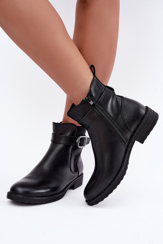 Leder-Stiefelette mit Schnalle und Warmfutter, schwarz