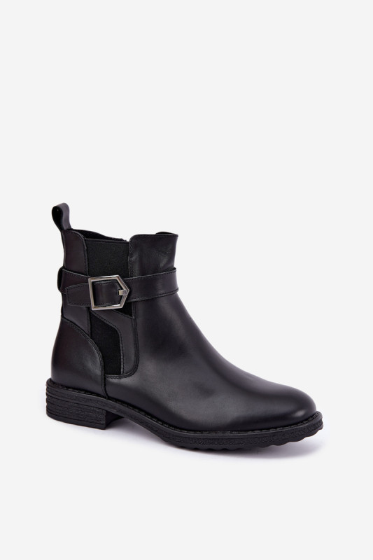Leder-Stiefelette mit Schnalle und Warmfutter, schwarz