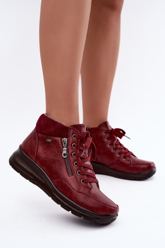 Rote Ankle Boots aus Kunstleder mit Keilabsatz und Fellfutter