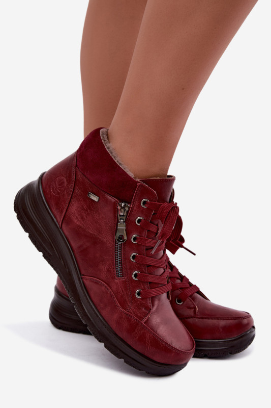 Rote Ankle Boots aus Kunstleder mit Keilabsatz und Fellfutter