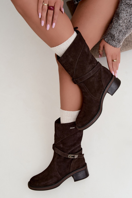 Gefütterte Stiefelette aus Wildleder mit Blockabsatz, braun