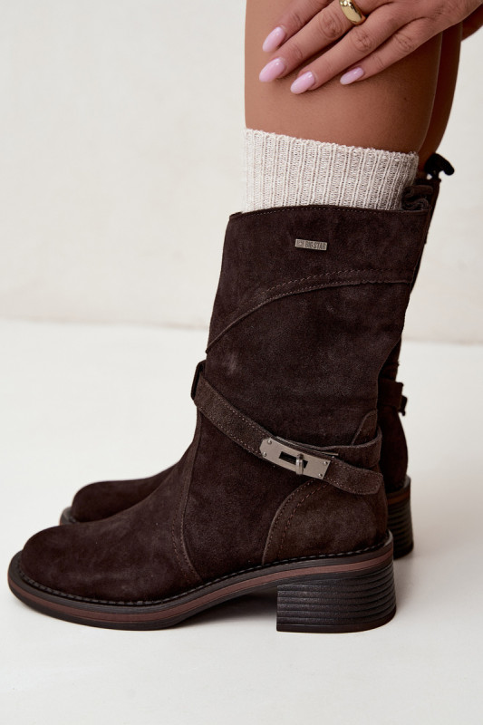 Gefütterte Stiefelette aus Wildleder mit Blockabsatz, braun