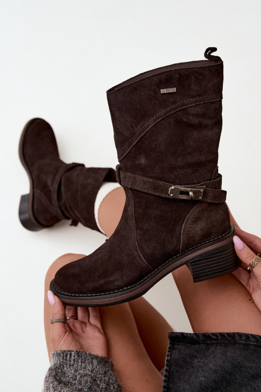Gefütterte Stiefelette aus Wildleder mit Blockabsatz, braun