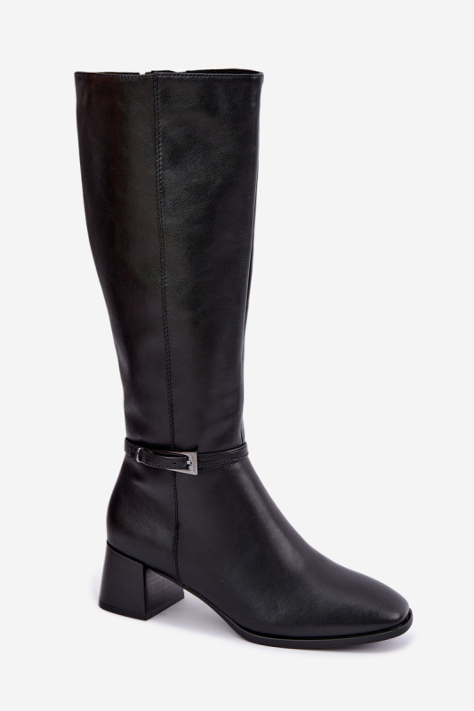 Gefütterte Lederstiefel mit Blockabsatz und Schnalle, schwarz