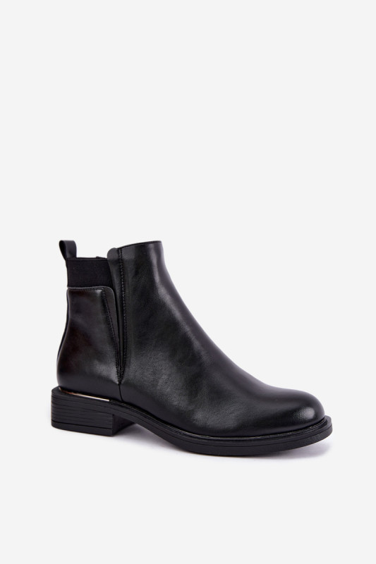Gefütterte schwarze Stiefelette aus Kunstleder mit flachem Absatz