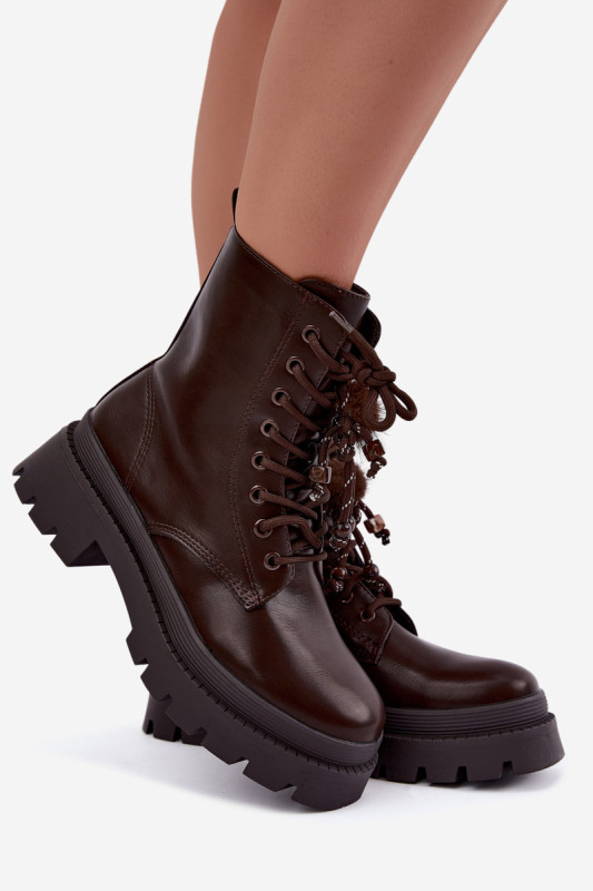 Braune Ankle-Boots im Worker-Stil mit Bommel und Plateausohle