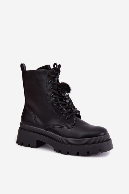Schwarze Ankle-Workery mit Plateau und dekorativem Bommel