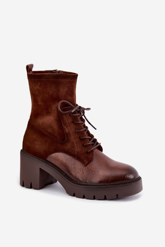 Braune Stiefelette mit Blockabsatz aus Kunstleder und Wildleder