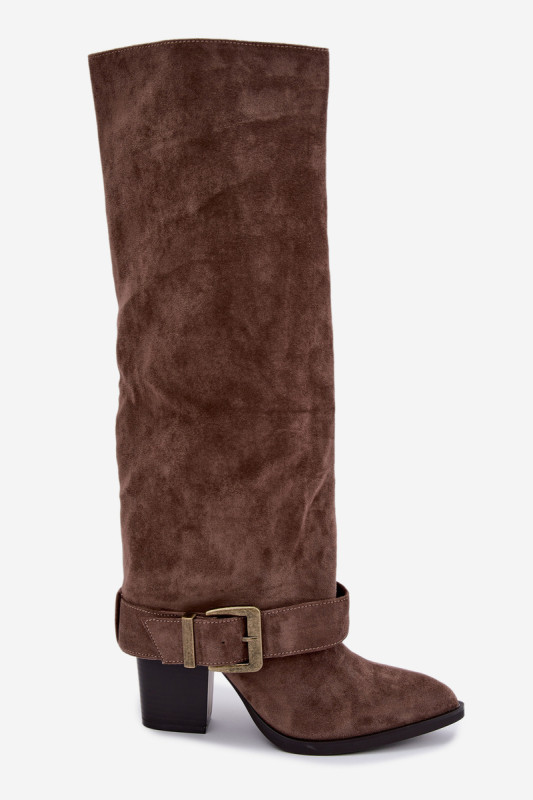Stiefel mit Blockabsatz, umgeschlagenem Schaft und Schnalle, beige