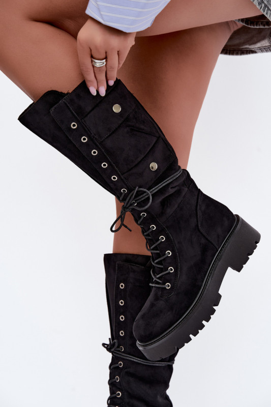 Schnürstiefel mit Plateau, gefüttert, schwarz