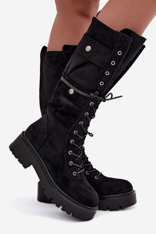 Schnürstiefel mit Plateau, gefüttert, schwarz