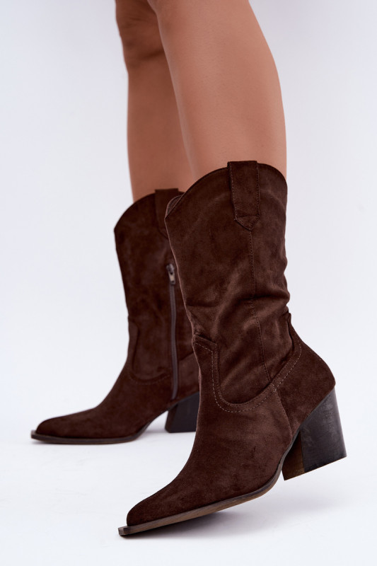Braune Ankle Boots aus Velourslederimitat mit Blockabsatz