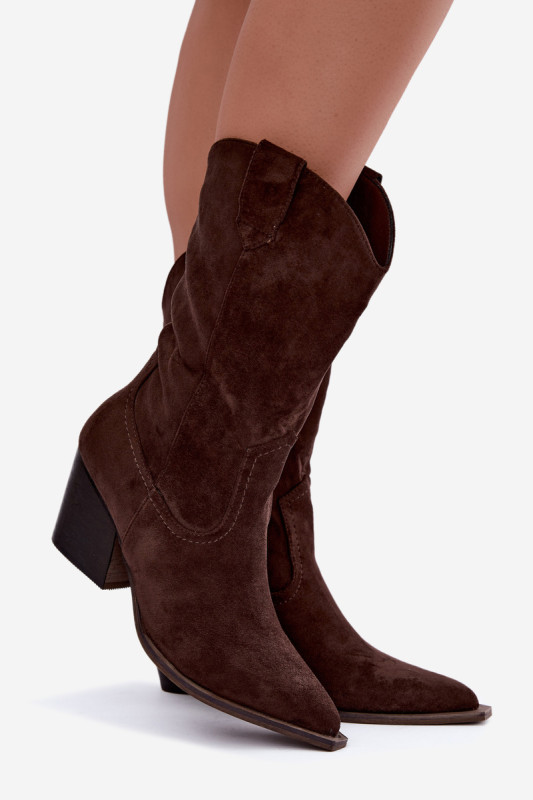 Braune Ankle Boots aus Velourslederimitat mit Blockabsatz