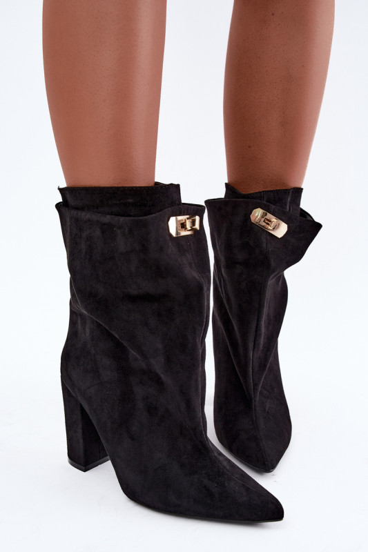 Schwarze gefütterte Stiefelette aus Velourslederimitat mit Blockabsatz