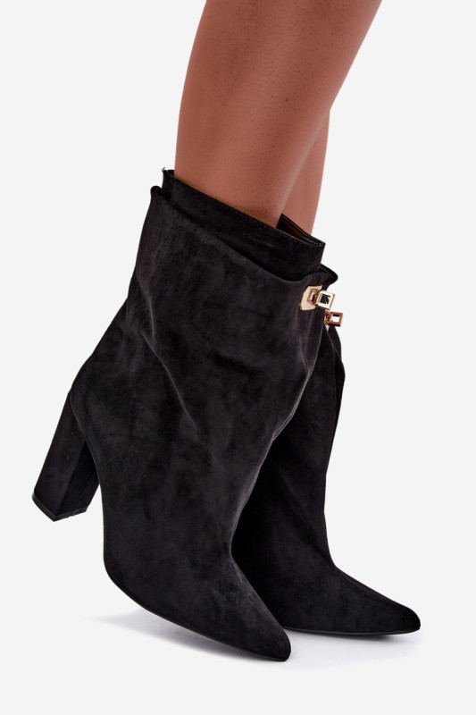 Schwarze gefütterte Stiefelette aus Velourslederimitat mit Blockabsatz