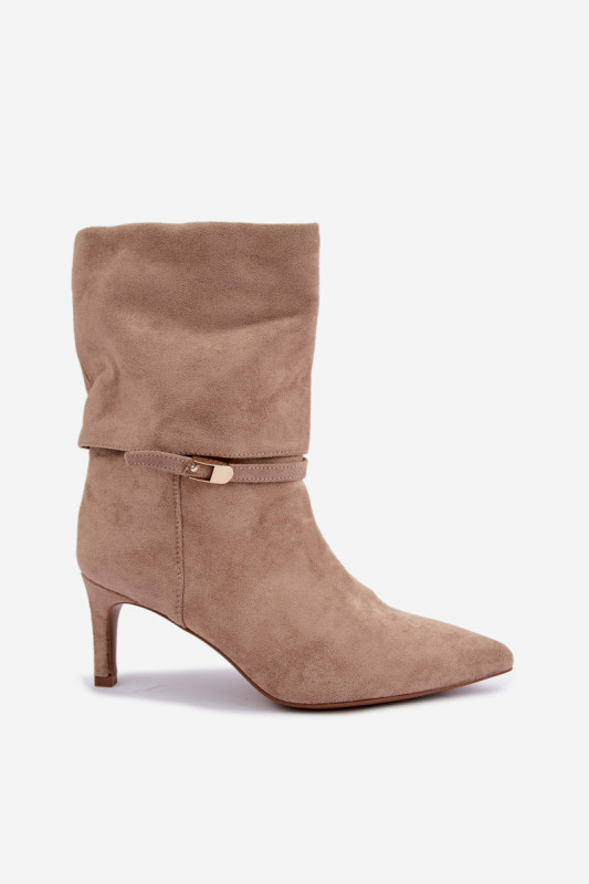 Beige gefütterte Stiefelette mit Stiletto-Absatz und Riemen