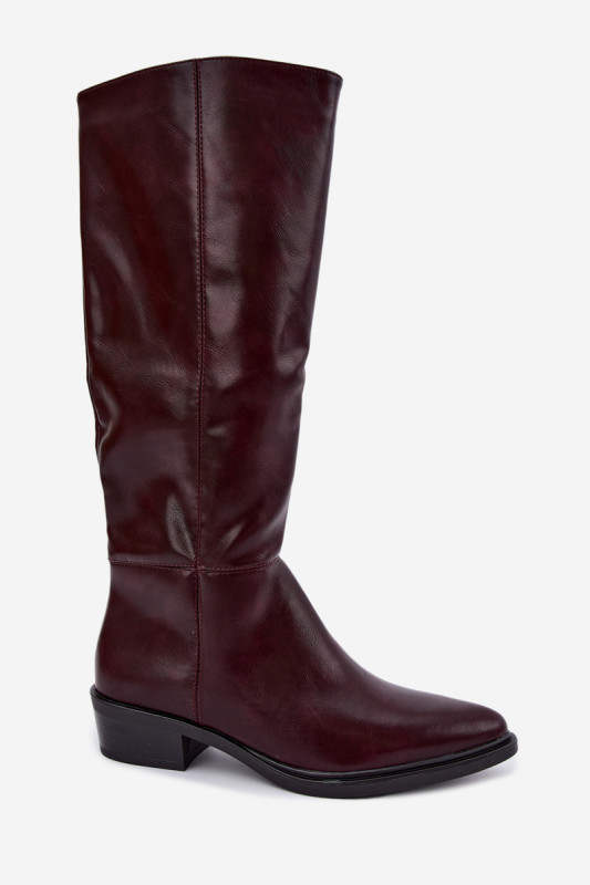 Gefütterte bordeauxfarbene Overknee-Stiefel mit niedrigem Absatz