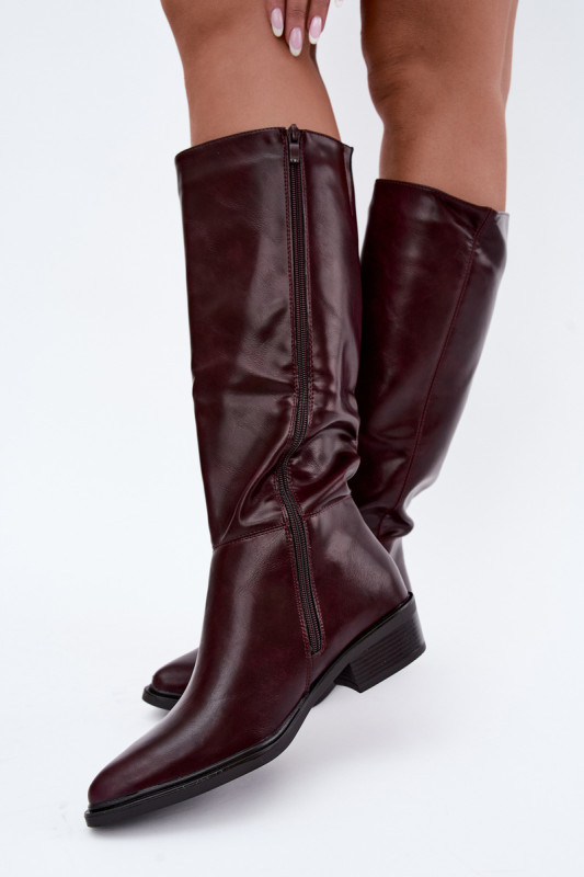 Gefütterte bordeauxfarbene Overknee-Stiefel mit niedrigem Absatz