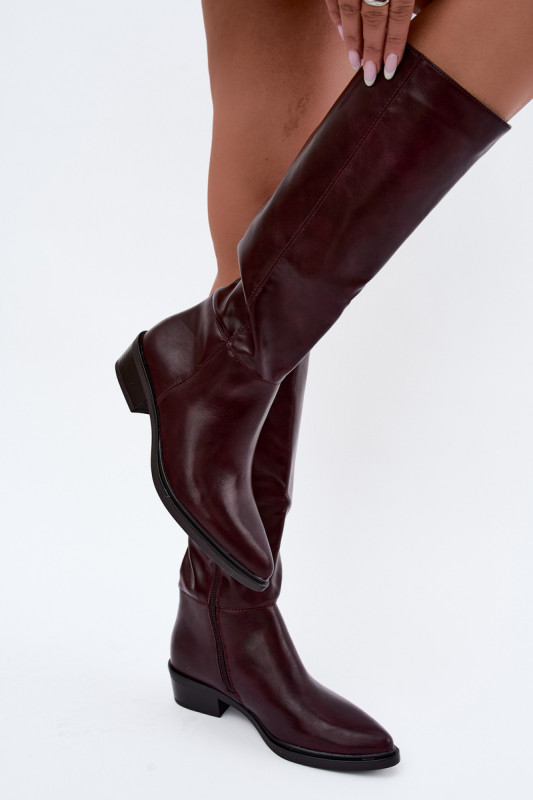 Gefütterte bordeauxfarbene Overknee-Stiefel mit niedrigem Absatz