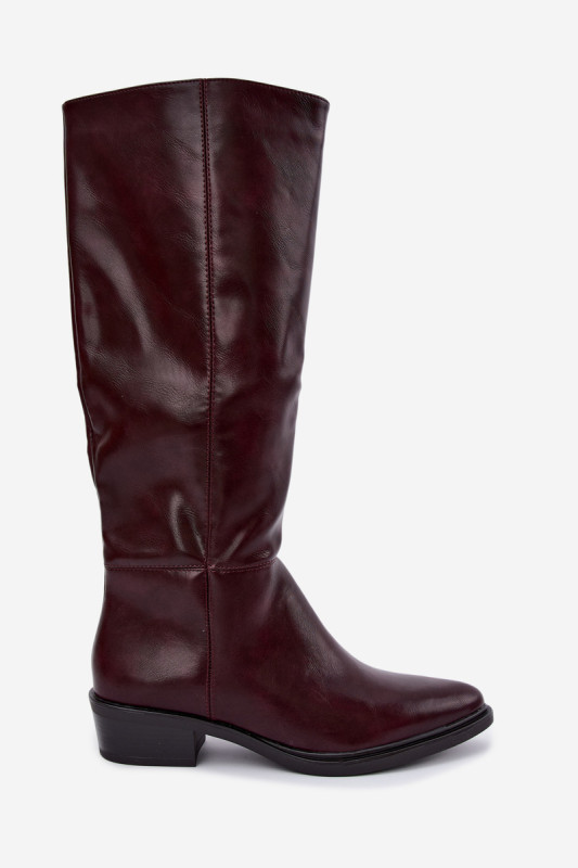 Gefütterte bordeauxfarbene Overknee-Stiefel mit niedrigem Absatz