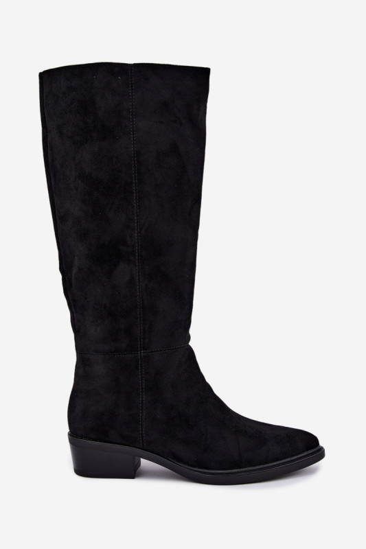 Gefütterte schwarze Overknee-Stiefel aus Veloursleder mit niedrigem Absatz
