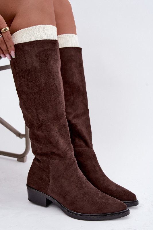 Gefütterte braune Overknee-Stiefel aus Veloursleder mit niedrigem Blockabsatz
