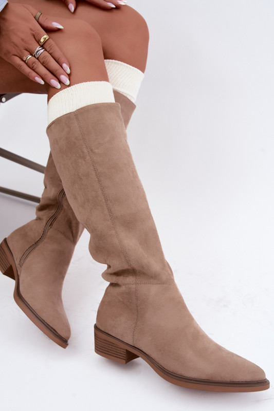 Gefütterte beige Overknee-Stiefel aus Veloursleder mit niedrigem Blockabsatz