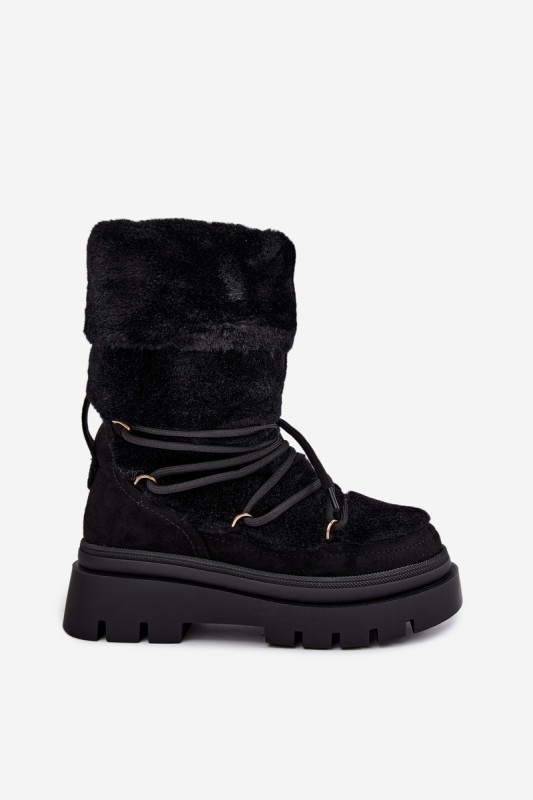 Schwarze Schneestiefel mit Fellbesatz und Plateausohle