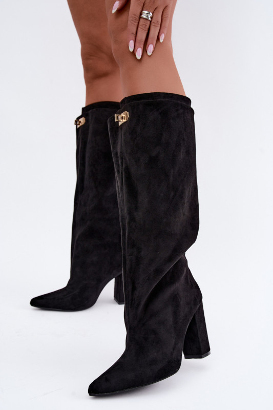 Schwarze Overknee-Stiefel mit doppeltem Schaft und Blockabsatz, gefüttert