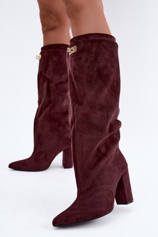 Gefütterte Overknee-Stiefel aus rotem Veloursleder mit Blockabsatz