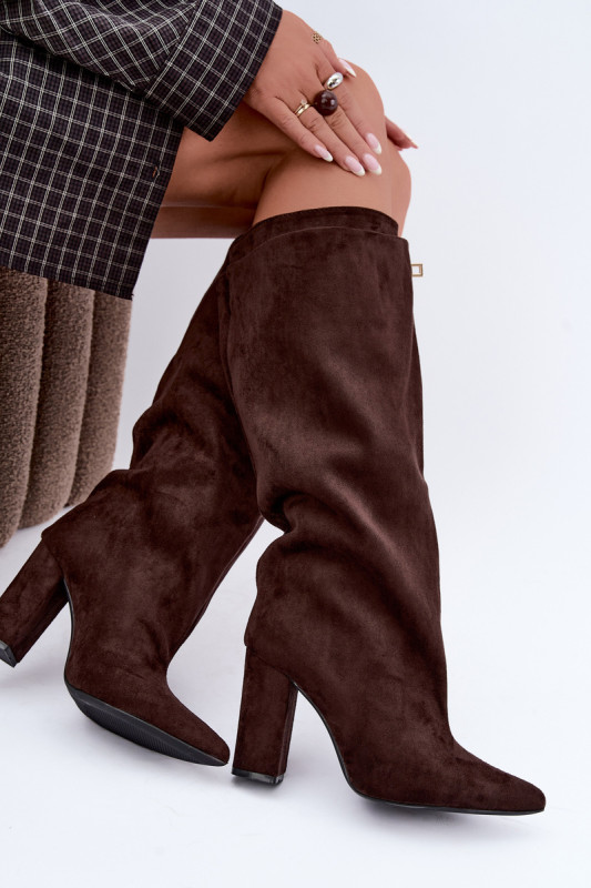 Gefütterte Overknee-Stiefel aus Veloursleder mit Blockabsatz, braun