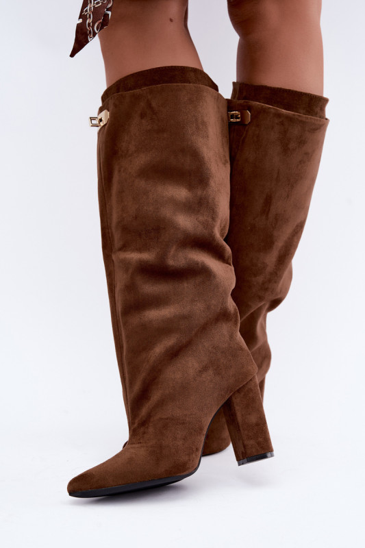 Gefütterte Overknee-Stiefel aus Velourslederimitat mit Blockabsatz, braun