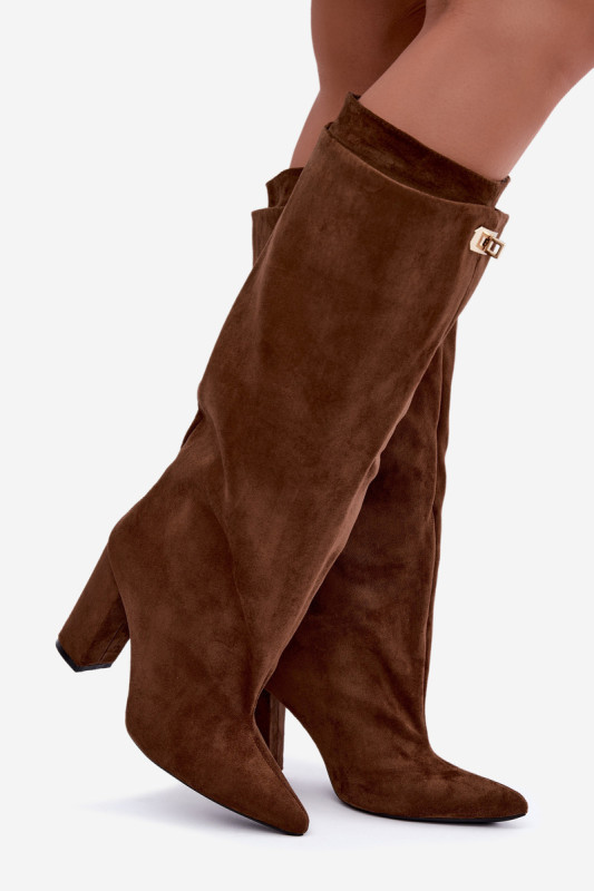Gefütterte Overknee-Stiefel aus Velourslederimitat mit Blockabsatz, braun